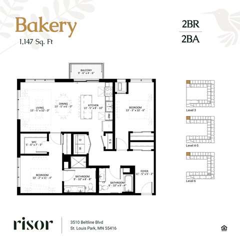 Floor plan for 2 beds, 2 baths, 1147 sqft